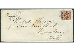 4 sk. 1858 udg. på dampskibsbrev med håndskrevet bynavn Vedbek annulleret med nr.stempel “1” og på bagsiden sidestemplet Kiøbenhavn K.B. d. 8.6.1862 via Kiel d. 9.6.1862 til Hornheim. 