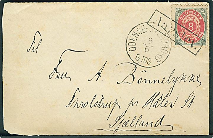 8 øre Tofarvet på brev fra Søbysøgaard annulleret med rammestempel Aarslev og sidestemplet lapidar Odense - Svendborg d. 3.6. ca. 1885 til Haslev. 