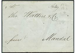 1848. Francobrev med håndskrevet bynavn Aalborg d. 31.12.1848 via Strömstad d. 8.1.1849 til Mandal, Norge.
