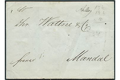 1848. Francobrev med håndskrevet bynavn Aalborg d. 31.12.1848 via Strömstad d. 8.1.1849 til Mandal, Norge.