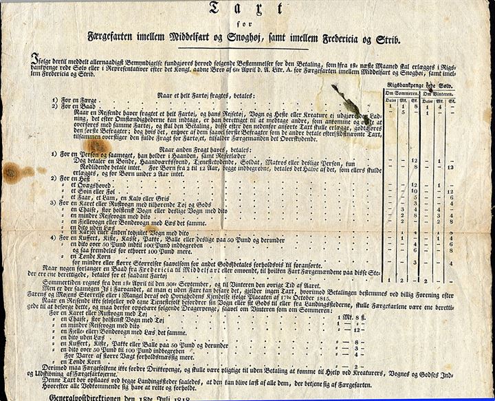 Taxt for Færgefarten imellem Middelfart og Snoghøj, samt imellem Fredericia og Strib. Dateret Generalpost-directionen d. 18.7.1818. Folder.