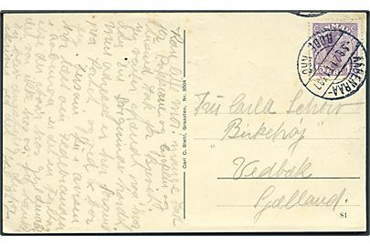 15 øre Chr. X på brevkort fra Aabenraa annulleret med bureaustempel Aabenraa - Røde Kro T.1387 d. 3.8.1921 til Vedbæk. Sjældent stempel, bureau nedlagt pr. 12.4.1922.