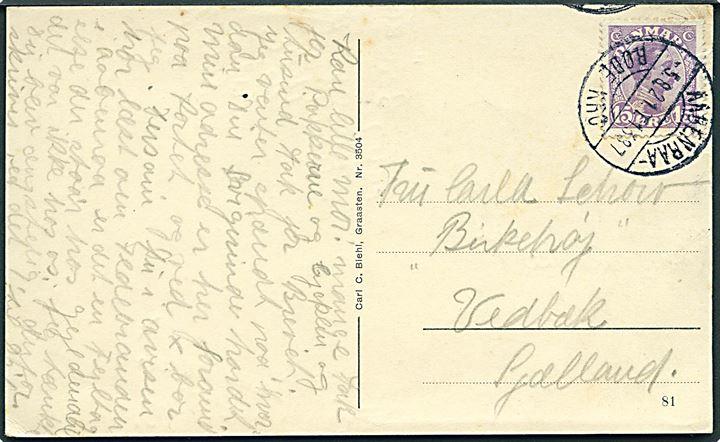 15 øre Chr. X på brevkort fra Aabenraa annulleret med bureaustempel Aabenraa - Røde Kro T.1387 d. 3.8.1921 til Vedbæk. Sjældent stempel, bureau nedlagt pr. 12.4.1922.