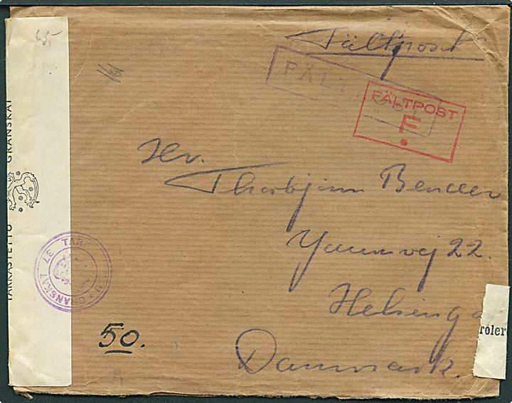 Ufrankeret feltpostbrev ca. 1942 m. rødt rammestempel: “Fältpost F *” fra dansk frivillig, William Olsen, ved KpK 1/7615 (= 2. Bat. 13. Inf. Reg.) i Karelen til Helsingør, Danmark. Åbnet af både dansk og finsk cenur.