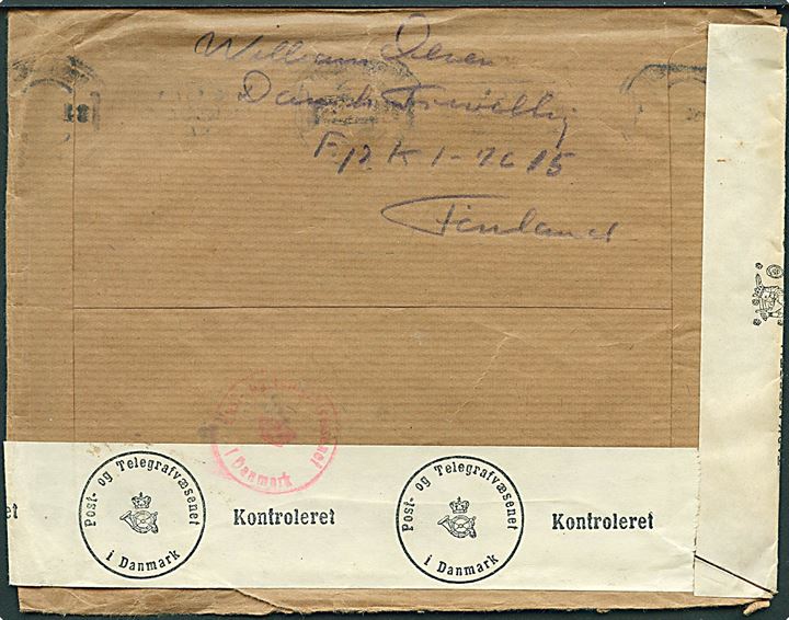 Ufrankeret feltpostbrev ca. 1942 m. rødt rammestempel: “Fältpost F *” fra dansk frivillig, William Olsen, ved KpK 1/7615 (= 2. Bat. 13. Inf. Reg.) i Karelen til Helsingør, Danmark. Åbnet af både dansk og finsk cenur.