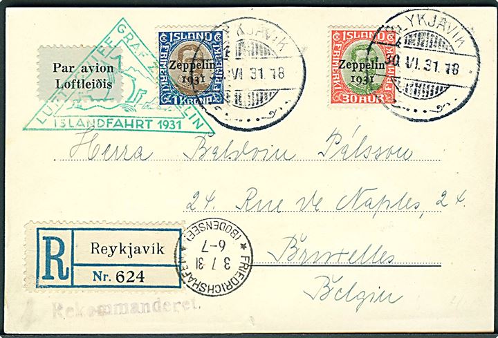 30 aur og 1 kr. “Zeppelin 1931” provisorium på anbefalet Zeppelin luftpostbrevkort fra Reykjavik d. 30.6.1931 via Friedrichshafen d. 3.7.1931 til Bruxelles, Belgien. Grønt flyvningsstempel: Luftschiff Graf Zeppelin Islandsfahrt 1931. 