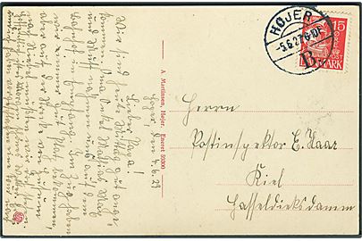 15 øre Karavel på brevkort (Emmelev Klev) annulleret med brotype Vb stempel Højer B. d. 5.6.1927 til Kiel, Tyskland. Flot aftryk af vanskeligt stempel.