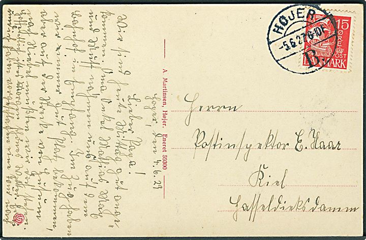 15 øre Karavel på brevkort (Emmelev Klev) annulleret med brotype Vb stempel Højer B. d. 5.6.1927 til Kiel, Tyskland. Flot aftryk af vanskeligt stempel.