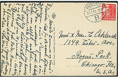15 øre Karavel på brevkort annulleret med brotype Vd Haderslev B. d. 21.7.1932 til Chicago, USA. Stempel registreret anvendt 1930-1934.