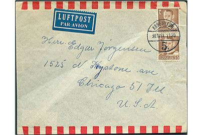 55 øre Fr. IX i lodret parstykke på luftpostbrev fra København d. 30.11.1951 til Chicago, USA. 
