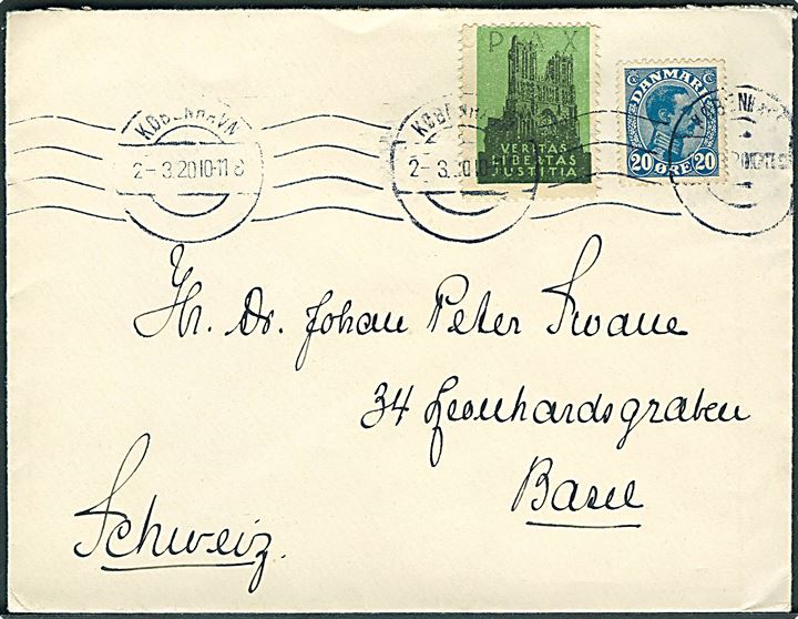 20 øre Chr. X og “PAX” Verdensfredsmærke på fortrykt kuvert fra Landsoverskatteraadet i København d. 2.3. 1920 til Basel, Schwiez. God anvendelse til udlandet.