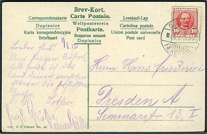 10 øre Fr. VIII på brevkort annulleret med sjældent brotype Ia skibsstempel Gjedser Færgehal d. 2.8.1912 til Dresden, Tyskland. Stempel benyttet 1909-1914.