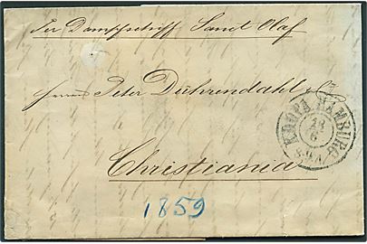 1859. Ufrankeret brev med antiqua K.D.O.P.A. Hamburg d. 18.6.1859 og påskrift: “Per Dampfschiff Sanct Olaf” til Christiania, Norge. Fuldt indhold. 