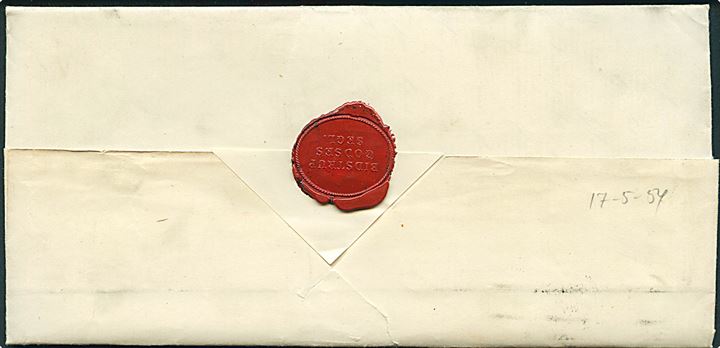 4 R.B.S. Thiele III gråbrun pl. III i vandret 3-stribe på brev af 3 Lod annulleret med nr.stempel “58” og side-stemplet antiqua Roeskilde d. 17.5.1854 til Kjøbenhavn. På bagsiden laksegl fra Bidstrup Gods. AFA 7000,-