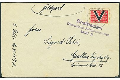 Ufrankeret feltpostbrev med V-Viktoria mærkat stemplet Fledpost d. 2.8.1941 og Briefstempel Feldpost Nr. 34157 N (= Kommandierender Admiral in Norwegen, Oslo) til Magdeburg, Tyskland. Signeret Mogler BBP.