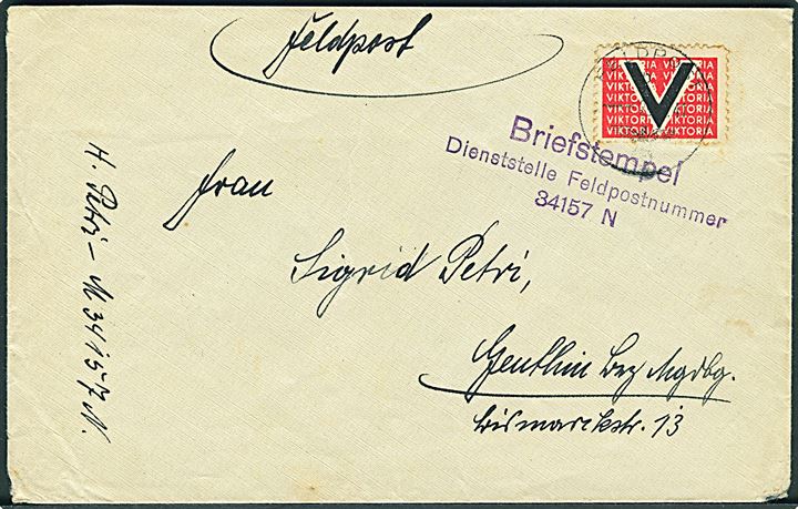 Ufrankeret feltpostbrev med V-Viktoria mærkat stemplet Fledpost d. 2.8.1941 og Briefstempel Feldpost Nr. 34157 N (= Kommandierender Admiral in Norwegen, Oslo) til Magdeburg, Tyskland. Signeret Mogler BBP.