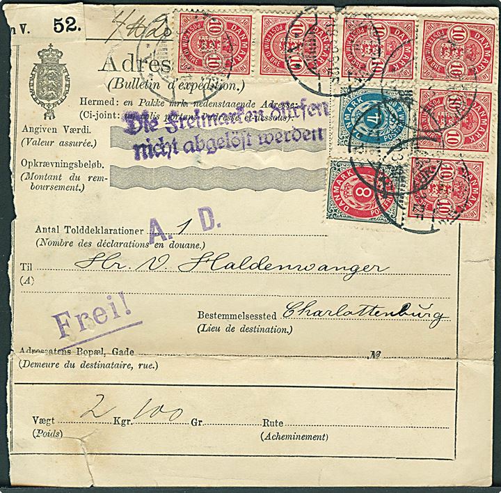 4 øre, 8 øre omv. rm. Tofarvet og 10 øre Våben (6) på 72 øre frankeret adressekort for pakke fra Kjøbenhavn d. 8.8.1899 via Warnemünde til Charlottenburg, Tyskland. 2 kendte jf. Karsten Jensen. 