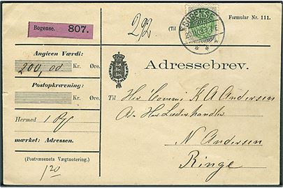 25 øre Tofarvet 9. tryk single på adressebrev for værdi-pakke fra godset Gyldensteen stemplet Bogense d. 20.11. 1903 til Ringe. 