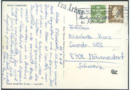 10 øre Bølgelinie og 40 øre Fr. IX på brevkort annulleret København OMK d. 21.7.1966 og sidestemplet med skibsstempel “Fra Århus” (32 mm) til Männedorf, Schweiz. Ikke registreret postalt anvendt jf. Skilling.
