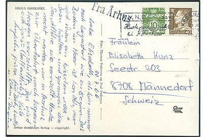 10 øre Bølgelinie og 40 øre Fr. IX på brevkort annulleret København OMK d. 21.7.1966 og sidestemplet med skibsstempel “Fra Århus” (32 mm) til Männedorf, Schweiz. Ikke registreret postalt anvendt jf. Skilling.