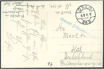Ufrankeret brevkort (Oslo, Solli plass) sendt som tysk feltpost med norsk civilt stempel Oslo Br. d. 6.9.1941 til Kiel, Tyskland. Blå censur: Geprüft Feldpostprüfstelle. Fra Feldpost M10149 = Krydseren “Admiral Scheer” som var i Oslo i dagene 4.-8.9.1941. 