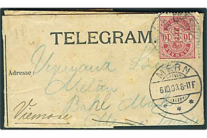 10 øre Våben på Statstelegrafen telegramformular med meddelelse fra Ringsted modtaget i Præstø d. 6.10.1903 til Bahl Mark pr. Mern - omadresseret til pr. Viemose. 