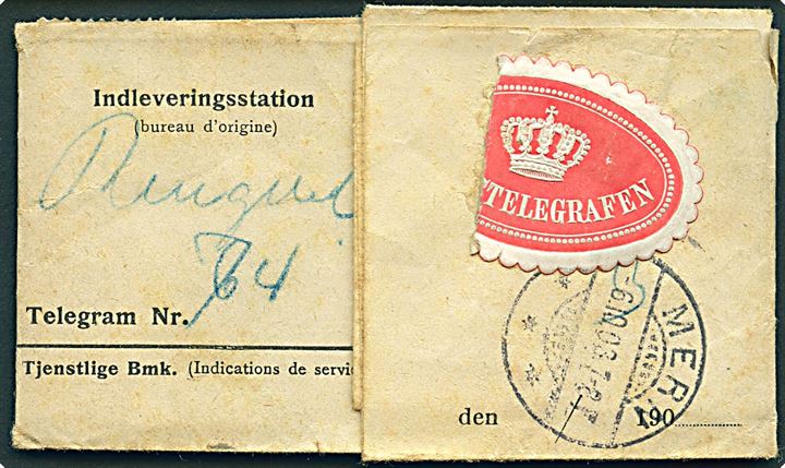 10 øre Våben på Statstelegrafen telegramformular med meddelelse fra Ringsted modtaget i Præstø d. 6.10.1903 til Bahl Mark pr. Mern - omadresseret til pr. Viemose. 