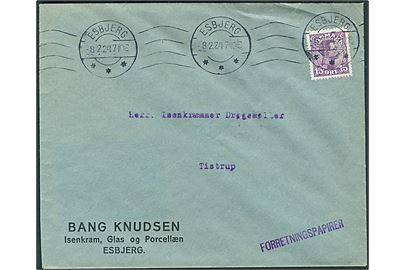 15 øre Chr. X med perfin “B.K.” på firmakuvert fra Bang Knudsen sendt som forretningspapirer fra Esbjerg d. 8.2.1924 til Tistrup. 