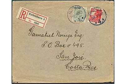 15 øre Karavel og 50 øre Chr. X på 65 øre 2. vægtklasse anbefalet brev fra Kjøbenhavn d. 14.8.1928 til San José, Costa Rica. God destination.