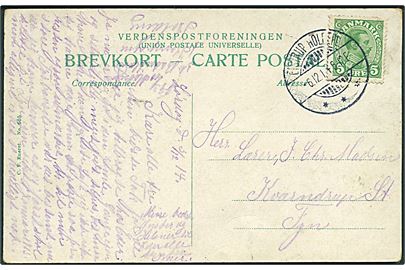 5 øre Chr. X på brevkort annulleret med klart brotype Ia Eistrup Holdepl. d. 6.12.1914 til Kværndrup. Vanskeligt stempel.