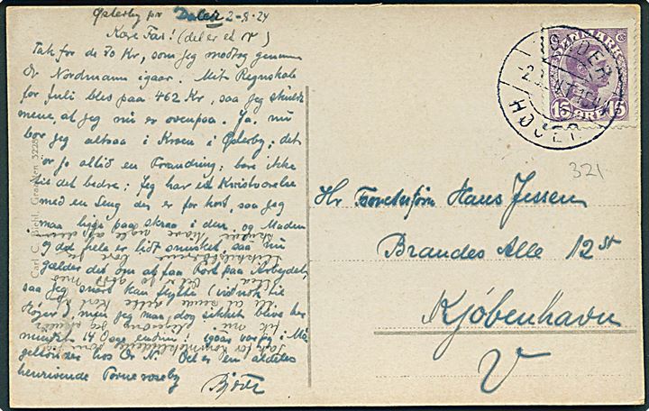 15 øre Chr. X på brevkort (Højer Sluse med dampskib) dateret Østerby pr. Daler og annulleret med bureaustempel Tønder - Højer T.1544 d. 2.8.1924 til København.
