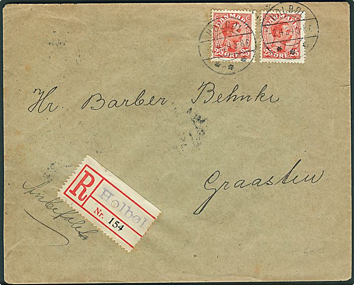 25 øre Chr. X (2) på anbefalet brev annulleret med brotype IIb Holbøl d. 2.4.1925 til Graasten. Blanko-rec. etiket med sort liniestempel “Holbøl”. Pænt brev.