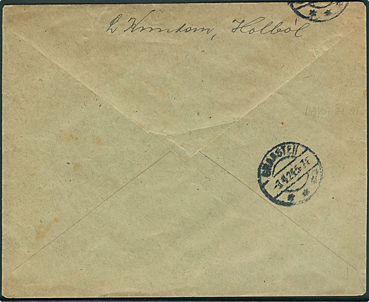 25 øre Chr. X (2) på anbefalet brev annulleret m. brotype IIb Holbøl d. 2.4.1925 til Graasten. Blanko-rec. etiket med sort liniestempel “Holbøl”. Pænt brev.