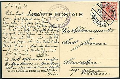 25 øre Chr, X på officielt udstillingsbrevkort annulleret med brotype IIb Hollandske Udstilling /  København d. 4.8.1922 til Lensahn, Holstein. Meget vanskeligt stempel i flot kvalitet.