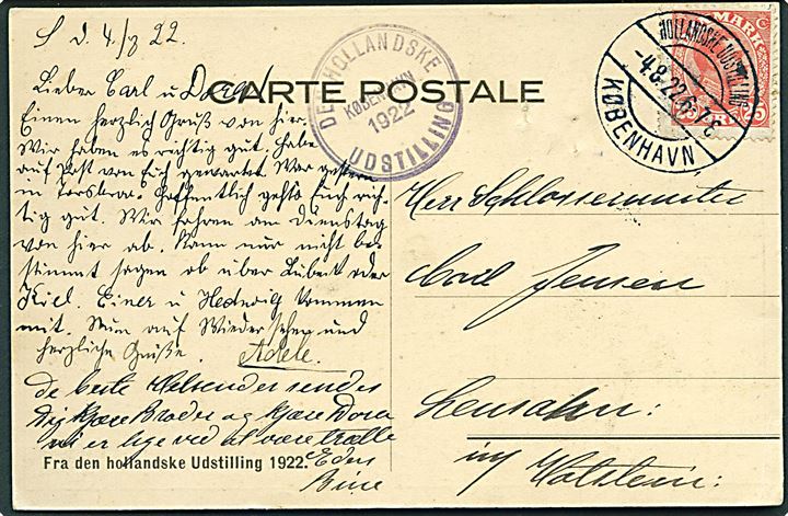 25 øre Chr, X på officielt udstillingsbrevkort annulleret med brotype IIb Hollandske Udstilling /  København d. 4.8.1922 til Lensahn, Holstein. Meget vanskeligt stempel i flot kvalitet.