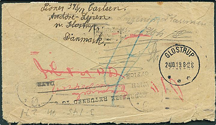 10 øre Soldaterfrimærke (2) på brev fra soldat i Avedøre-lejren stemplet Glostrup d. 8.11.1918 til dansk soldat i amerikansk tjeneste ved 159th Infantry, AEF APO 788 i Frankrig. Eftersendt flere gange og returneret efter ca. 1 år. Sjælden brug til udlandet. Skrøbelig og åbnet 3 sider.