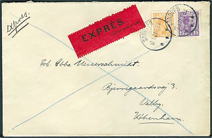 15 øre og 40 øre Chr. X på ekspresbrev fra Sandved d. 10.1.1927 til København-Valby. Rød ekspres etiket J. Form. Nr. 28 (1.1.1922). 