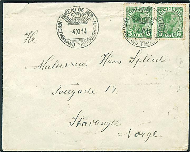 5 øre Chr. X i parstykke på brev annulleret med norsk skibsstempel Bureau de Mer de Norvege D Kristiansand - Frederikshavn d. 4.11.1914 til Stavanger, Norge.