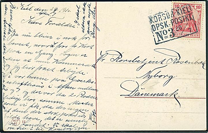 10 pfg. Germania på brevkort dateret i Kiel d. 29.7.1910 annulleret m. skibsstempel Korsør-Kiel DPSK:POSTKT: No. 3 d. 30.7.1910 til Nyborg, Danmark.