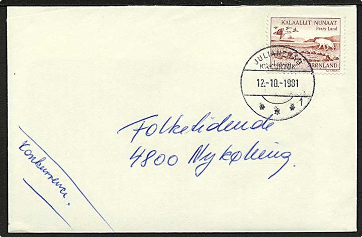 1,60+0,20 kr. Peary Land velgørenheds udg. på brev fra Julianehåb d. 12.10.1981 til Nykøbing, Danmark.