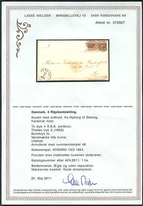 4 R.B.S. Thiele II sortbrun i parstykke på dobbeltbrev annulleret med nr.stempel “46” og sidestemplet antiqua Nyborg. d. 13.2.1854 til Slesvig. Langt indhold og 3 små stofprøver. Attest Nielsen.