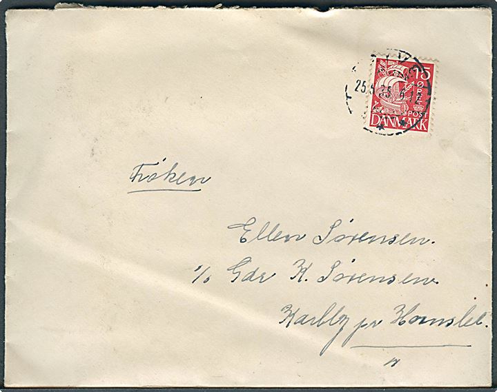 15 øre Karavel på brev annulleret med brotype Ic Give d. 25.5.1935 til Karlby pr. Hornslet. Stempel ikke registreret af Vagn Jensen.