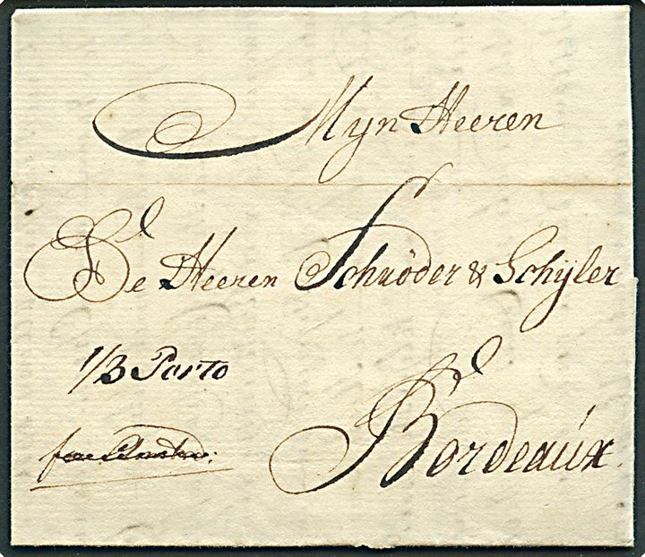 1762. Francobrev dateret i Helsingør d. 16.1.1762 til Bordeaux, Frankrig. Påskrevet “Franco Hamburg” og fremsendt fra Hamburg d. 22.1.1762 ilagt et andet brev med påskriften: “1/3 Porto”. Sjælden påtegning.
