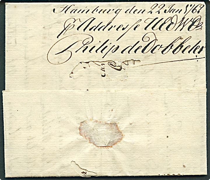 1762. Francobrev dateret i Helsingør d. 16.1.1762 til Bordeaux, Frankrig. Påskrevet “Franco Hamburg” og fremsendt fra Hamburg d. 22.1.1762 ilagt et andet brev med påskriften: “1/3 Porto”. Sjælden påtegning.