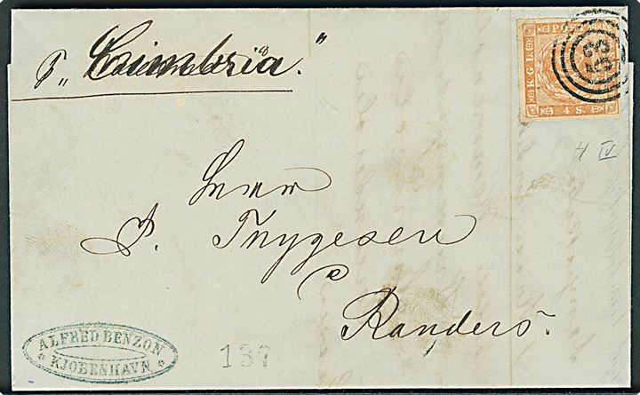 4 sk. 1854 udg. 4. tryk på brev fra Kjøbenhavn dateret d. 9.5.1857 annulleret med nr.stempel “53” (Randers) til Randers. Påskrevet “pr. Randers” som er rettet til “pr. Cimbria”. Cimbria forliste på rejse mellem Randers og København i oktober 1858. Attest Nielsen. 