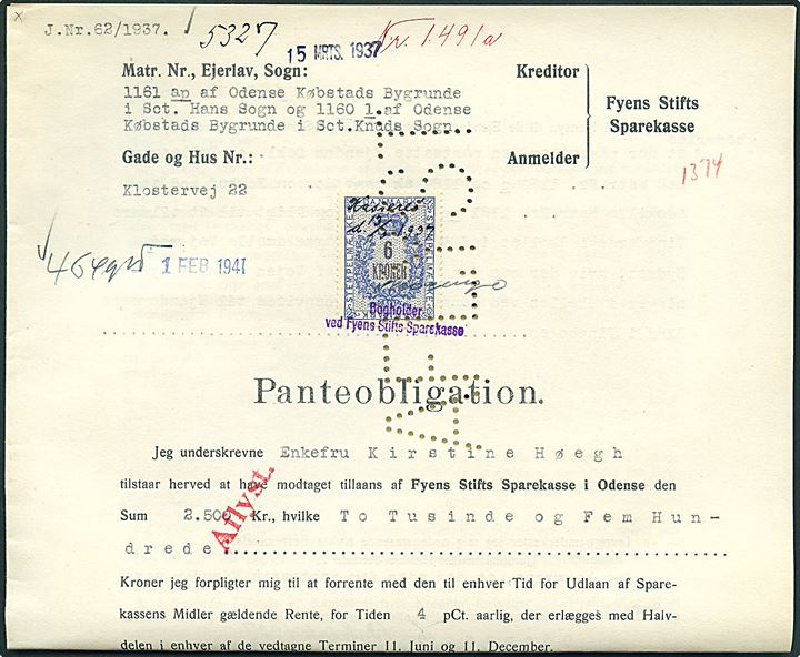6 kr. Stempelmærke på Panteobligation fra Odense 1937 med stort perfin “AFLYST” dateret d. 1.9.1941. Perfin katalog: 2200,- for løst mærke.