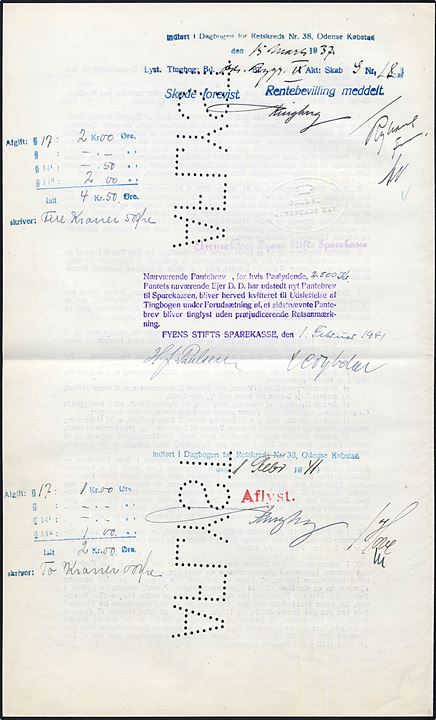 6 kr. Stempelmærke på Panteobligation fra Odense 1937 med stort perfin “AFLYST” dateret d. 1.9.1941. Perfin katalog: 2200,- for løst mærke.