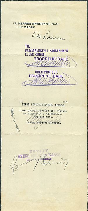 50 øre Stempelmærke med perfin “BD” (Brødrene Dahl, Odense) på veksel dateret i Fruens Bøge d. 11.5.1934. Sjælden perfin, men stor rift i mærke.