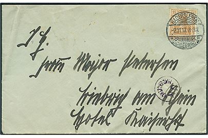 15 pfg. Germania på brev fra Hadersleben *(Schleswig)1* d. 2.11.1917 til Hotel Königshof i Limburg am Rhein. Sjældent violet lokalt censurstempel “ÜK Hadersleben” med spejlvendt “S”. 