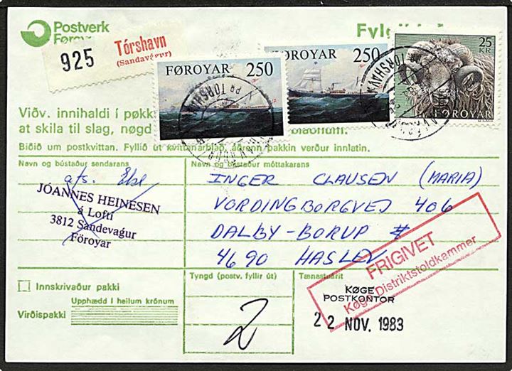25 kr. Vædder og 2,50 kr. S/S Laura (2) på adressekort for pakke annulleret med pr.-stempel Sandavagur pr. Tórshavn d. 5.11.1983 til Haslev, Danmark.